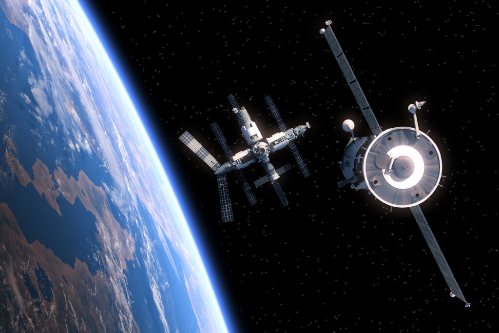 The Spacecraft Flies To Space Station. 3D Scene.